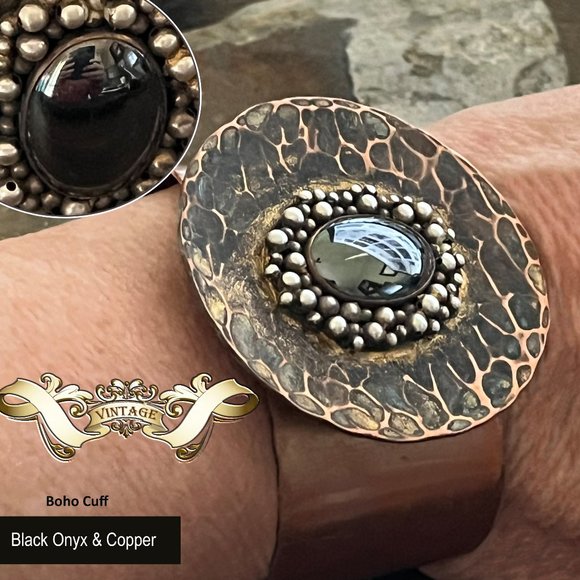 Vintage Boho Copper & Black Onyx Cuff Bracelet - Picture 1 of 7